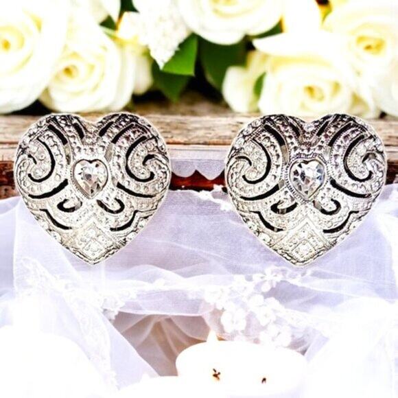 Vintage Carolee Earrings 1" Heart Simulated Diamonds Clip On Silver Filigree EUC - Picture 3 of 15